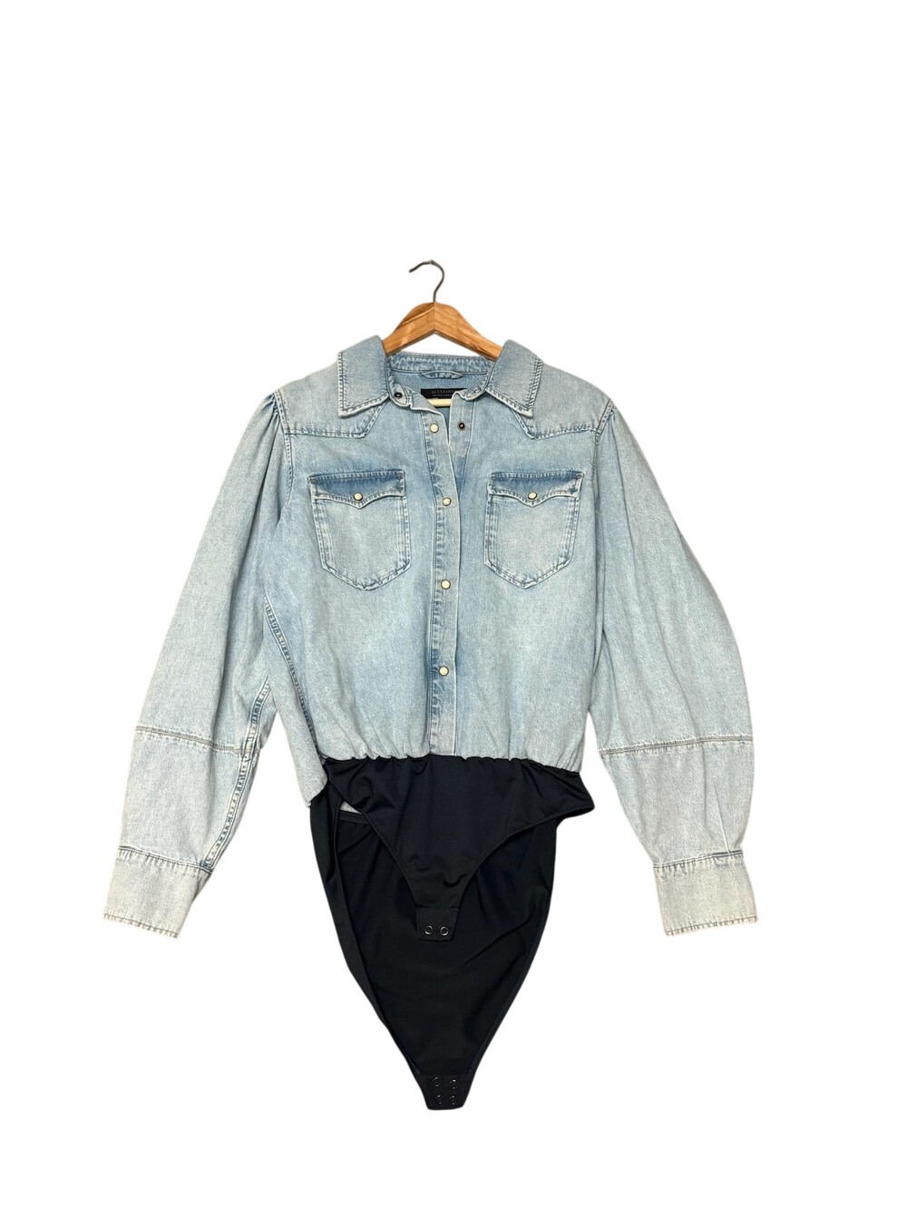 AllSaints Denim Bodysuit Womens 10 Blue Snap Button Long Sleeve Western Shirt